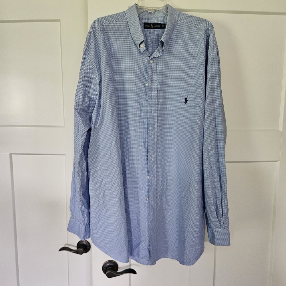 Ralph Lauren Mens 2X Tall Blue Plaid Gingham Long Sleeve Button Down Shirt